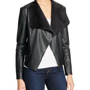 Bagatelle Black Leather Cropped Wrap Jacket Suede Inside - Size Large